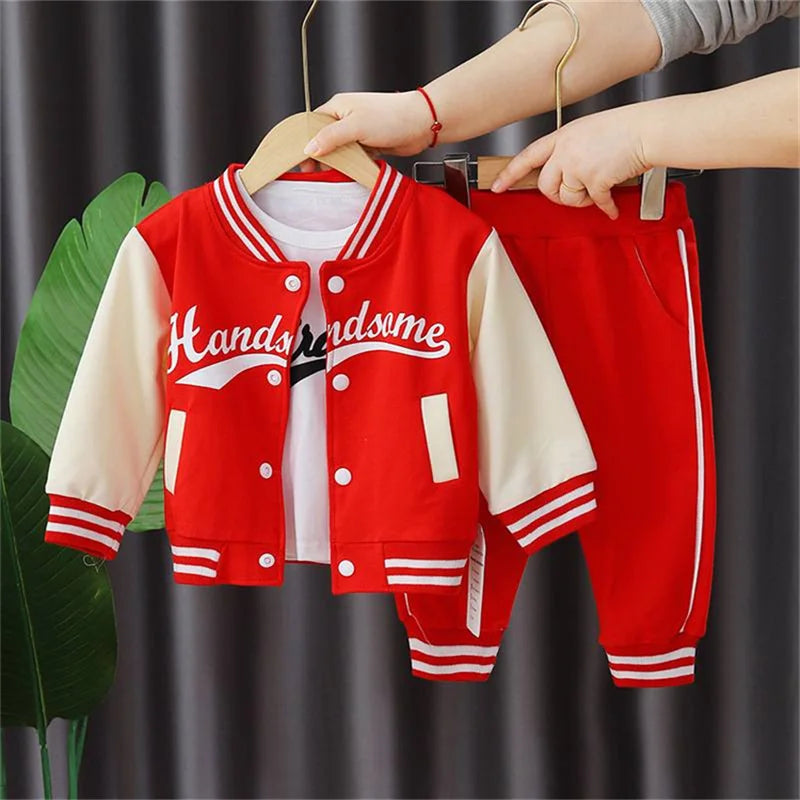 Boys' autumn letter baseball single-breasted jacket+round neck printed cotton long sleeve+striped sweatpants 3Pcs suit
