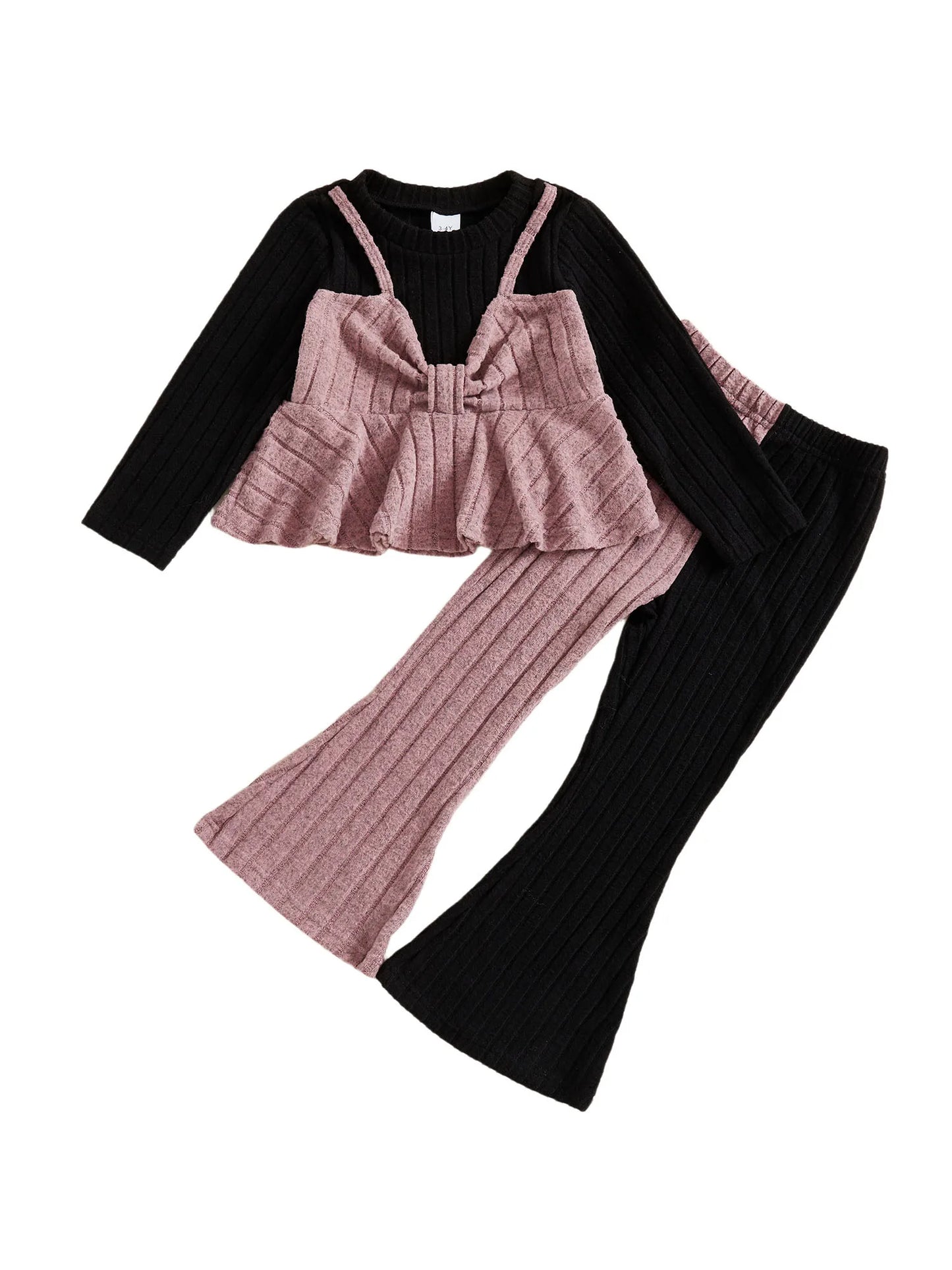 Girls Knitted Outfit with Unique Fake Two Piece Design Featuring Contrast Color Ribbed Long Sleeve Tops and Slightly Flared
