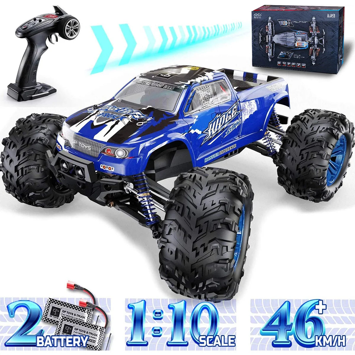 1:10 Off-Road All Terrain Remote Control Car, RC Monster Truck, Max 43 Km/H High Speed 4WD Electric RC Cars with 2.4 GHz Remote