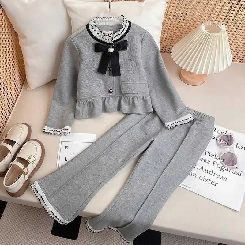 Bow Top and Bell-bottom Pants Coat Autumn Winter Suit for Girls Girls' Clothes Set Fashion Children's Clothing Girl Setup Outfit