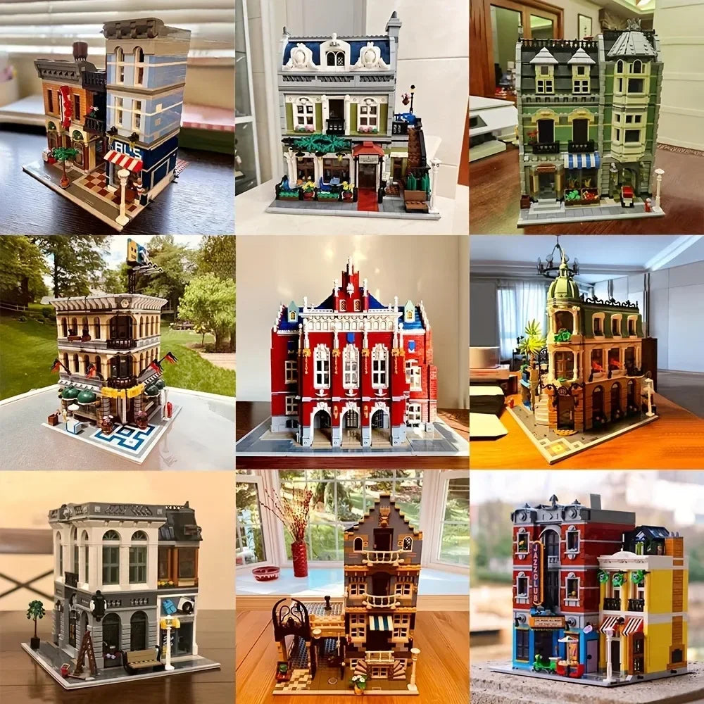 Creative Expert Brick Bank Cafe Corner Model MOC Street View House Building Blocks Toys Pet Book Shop Town Hall Downtown Diner