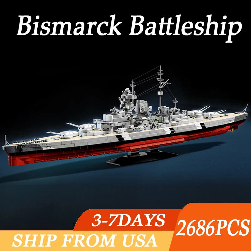 2686PCS 1:300 Scale Bismarck Battleship Building Blocks Kit Warship Desktop Ornaments Boat Model Bricks Toys Toys For Kids Adult