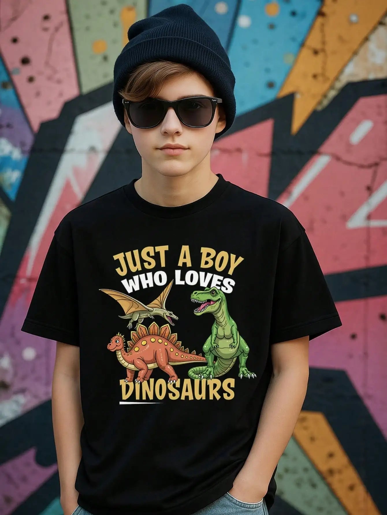 Tween Boys Dinosaur Theme Cotton Graphic Tees, Black Novelty Style Summer Tops With "Just A Boy Who Loves Dinosaurs" Text