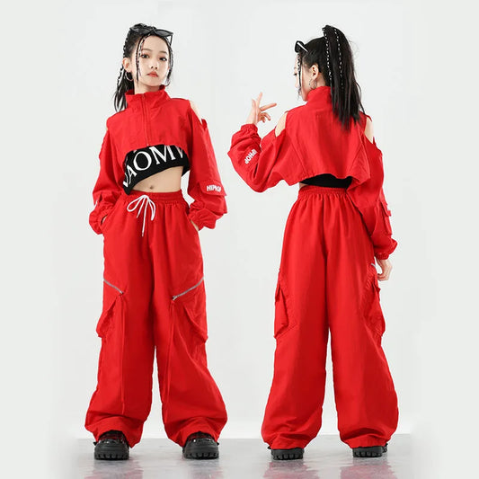 Kid Kpop Hip Hop Clothing Red Crop Jacket Top Casual Wide Pocket Zipper Cargo Pants for Girl Boy Jazz Dance Wear Costume Clothes
