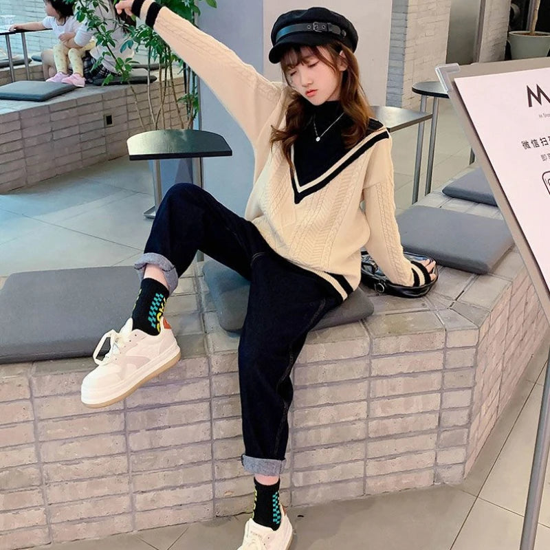 Girls Sweater Autumn and Winter Style Plush Thickened Children's Knitting 2024 New Girls High Collar Baby Clothes 5 10 7 12 Year