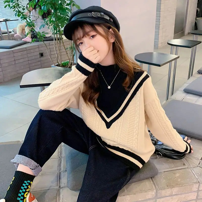 Girls Sweater Autumn and Winter Style Plush Thickened Children's Knitting 2024 New Girls High Collar Baby Clothes 5 10 7 12 Year