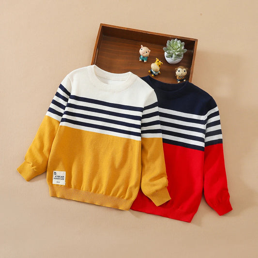 Boys Long Sleeve Striped Sweater Warm Cotton Knitted round Collar Pullover Sweatshirt Kids Clothing