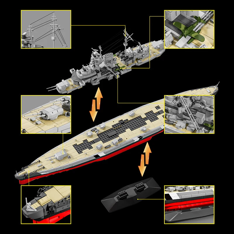 2686PCS 1:300 Scale Bismarck Battleship Building Blocks Kit Warship Desktop Ornaments Boat Model Bricks Toys Toys For Kids Adult