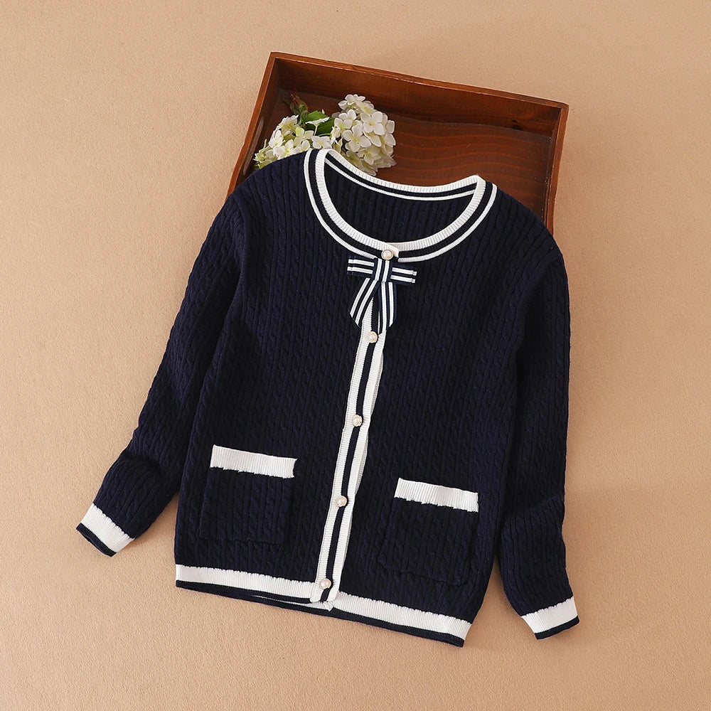 Girls Knitted Cardigan Sweet Bow Decorated Contrast Color Sweater Autumn Winter Kids Clothes New 2025