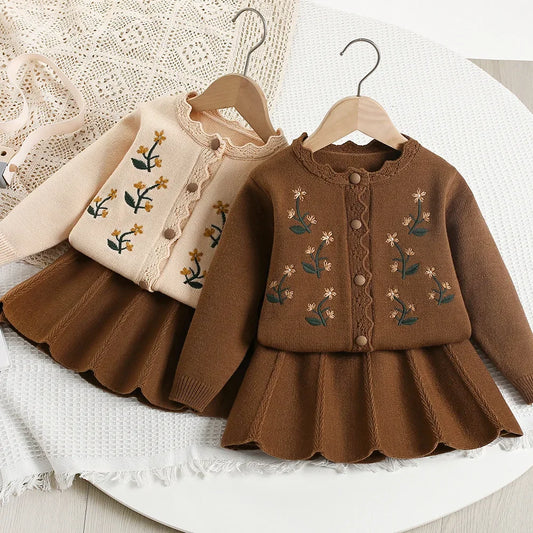 Baby Girl Clothes Girls Knitted Sweater Set Embroidered Flower Design Two-Piece Jacket And Pants Spring Autumn Korean Style