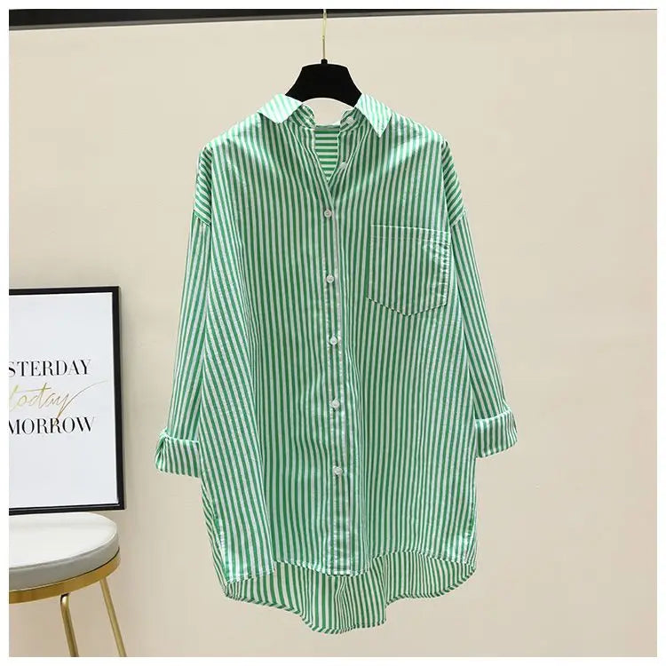 Orange Striped Printed Long-sleeved Shirt for Women, Fashionable, Casual, Simple, Comfortable, Mid-length Cardigan