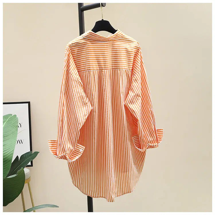 Orange Striped Printed Long-sleeved Shirt for Women, Fashionable, Casual, Simple, Comfortable, Mid-length Cardigan