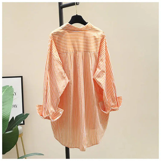 Orange Striped Printed Long-sleeved Shirt for Women, Fashionable, Casual, Simple, Comfortable, Mid-length Cardigan